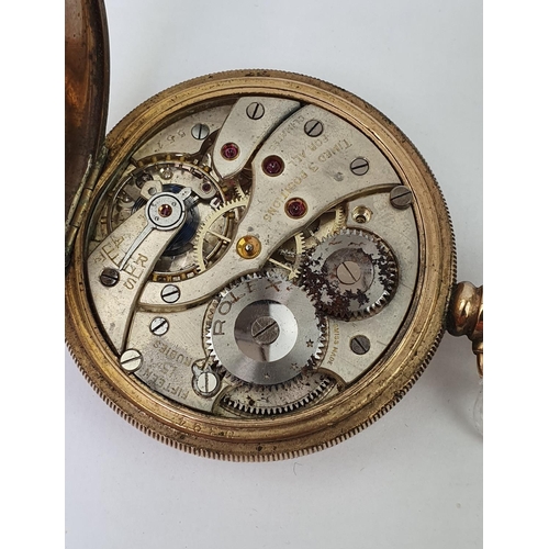 443 - Rolex gold plated keyless winding open faced pocket watch with subsidiary seconds dial, gold hands, ... 