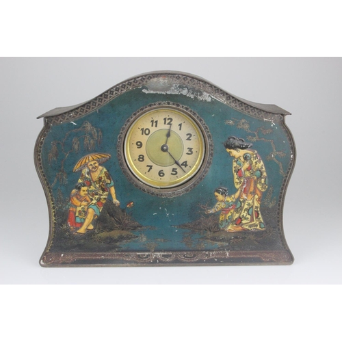 327 - Fryer & Co Victory V Chinoiserie Mantle Clock Tin c1920's. Fryer & Co, Nelson, Lancs,  Victory V, Gu... 