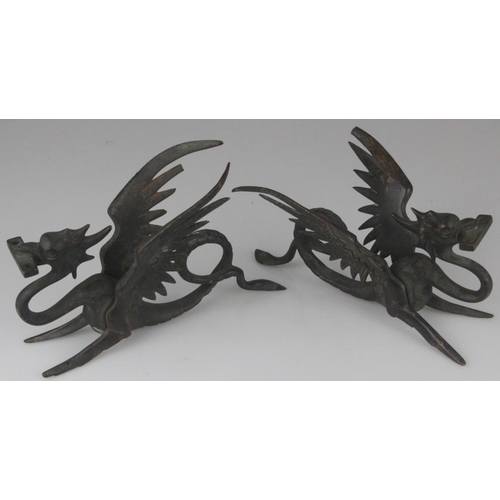 367 - Rare Pair of Bronze Dragon Fire Place Andirons c1880. Measure 20cm by 10cm.