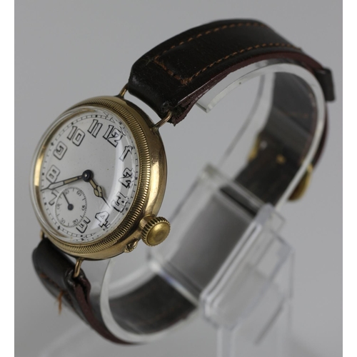 456 - 9ct gold Trench Wristwatch Rare François Borgel Case c1927, the white dial, 28mm diameter, with skel... 