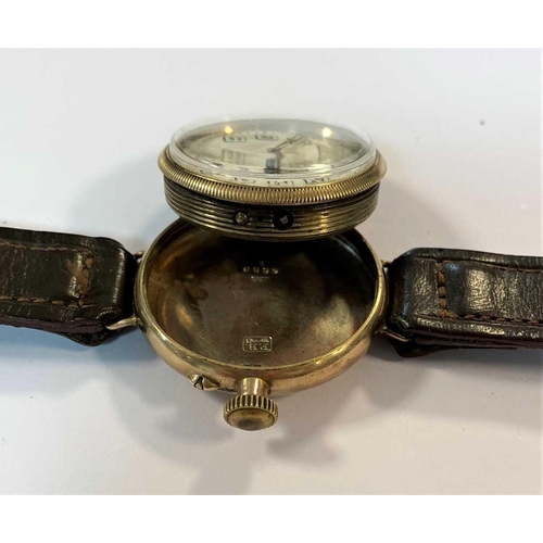 456 - 9ct gold Trench Wristwatch Rare François Borgel Case c1927, the white dial, 28mm diameter, with skel... 