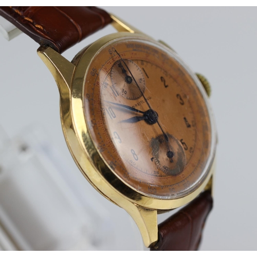 457 - Chronographe Suisse - A gentleman's Swiss 18ct gold 'up and down' circa 1950, the signed copper colo... 