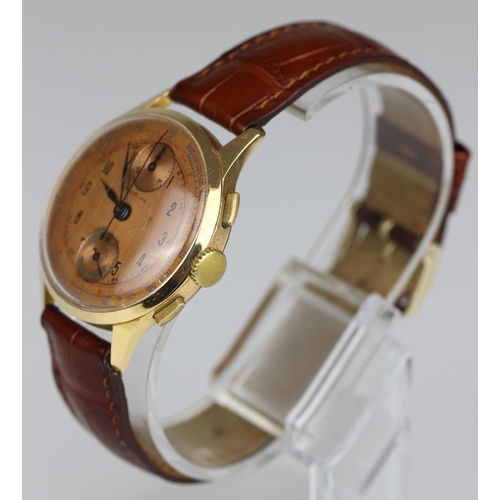 457 - Chronographe Suisse - A gentleman's Swiss 18ct gold 'up and down' circa 1950, the signed copper colo... 