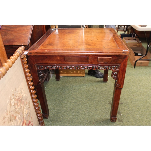 461 - Late 19thC Chinese Hardwood Square Games table with carved decoration 86cm in Width