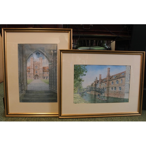 560 - Dennis Roxby Bott RWS: 2 Framed and mounted prints of Mathematical Bridge and St Johns College Cambr... 