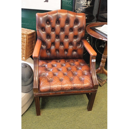 564 - Maroon Leather Chesterfield button back elbow chair with straight supports