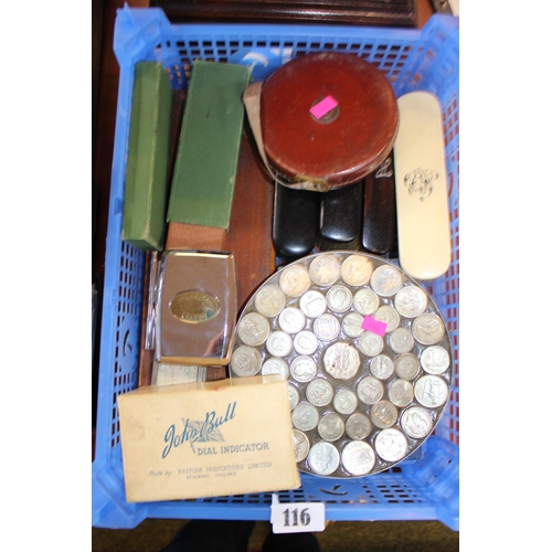 116 - Collection of assorted bygones inc. Dressing table brushes, Coin dish, measure etc