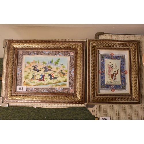 64 - 2 Persian Hand painted pictures depicting Polo playing and 2 Lovers within Hand painted mounts and i... 