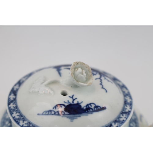 1 - A Worcester blue and white teapot, c1765-70, finely potted and painted with the Prunus. Crescent mar... 