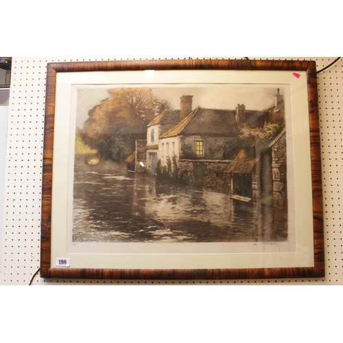 108 - Framed and mounted coloured engraving of a River scene signed in pencil to lower right