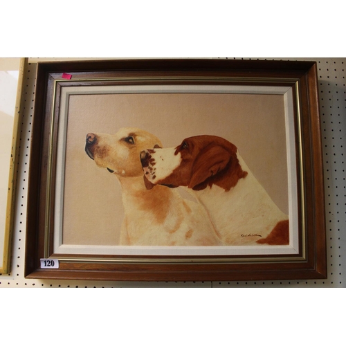 120 - Framed Oil on board of Hunting Dogs signed Ken Noble