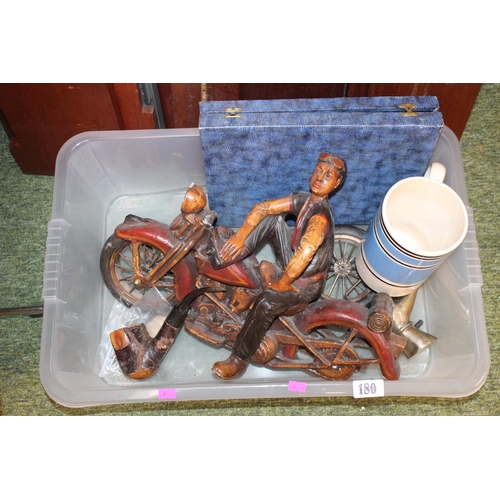 180 - Model of a Man on Vintage Motorcycle, cased canteen of Cutlery, White metal Hand and a 19thC Mug of ... 