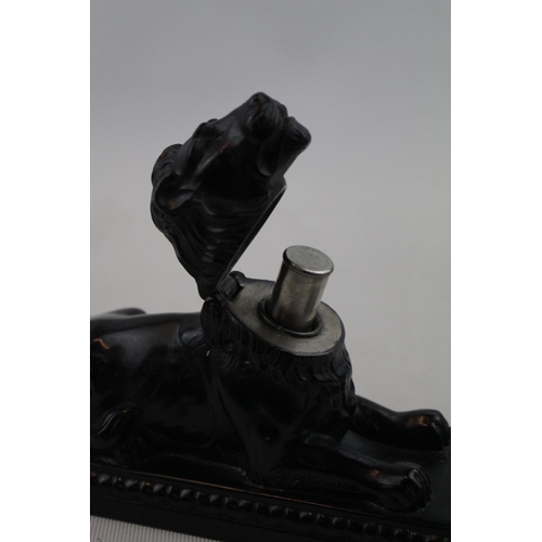 76 - Painted spelter Lion table lighter of regal form