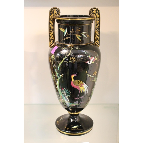 97 - 19thC Victorian Black glass urn type vase with flora and fauna decoration