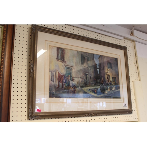 126 - Framed Watercolour of a courtyard scene by Ethel Harker