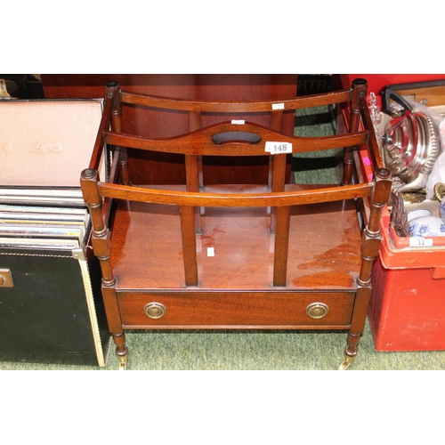 148 - 20thC Mahogany Canterbury on brass casters