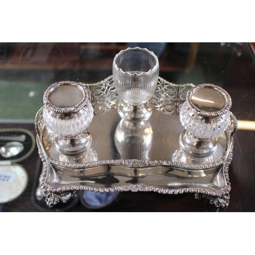 233 - Fine Victorian Silver Inkstand with pierced gallery, two cut glass inkwells and bowl by George Fox o... 