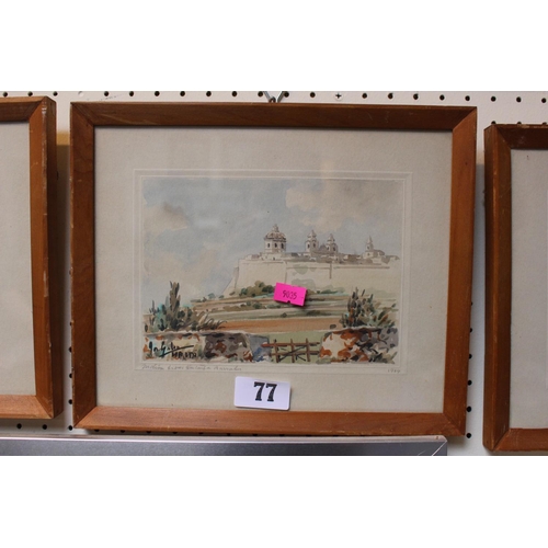 77 - Set of 3 Watercolours of Mdina dated 1964 singed and remarked