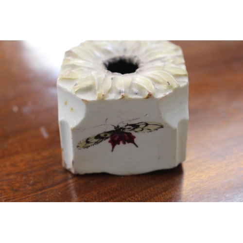 3 - Early English Pottery Inkwell with Floral top over hand painted butterfly decoration