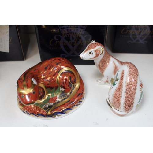 102 - Royal Crown Derby paperweights to include Otter & Stoat with Gold stoppers and boxes