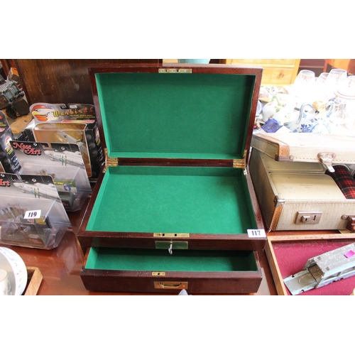 117 - Mahogany baize fitted jewellery case with drawer to base and key