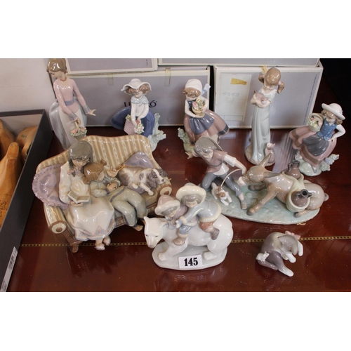 145 - Collection of Lladro Ceramic figures (9) to include, Basket of Love, Pretty pickings, Spring is Here... 