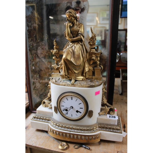 178 - 19thC French Alabaster mantel clock with gilt ormolu surmounted figure over Roman numeral dial (with... 