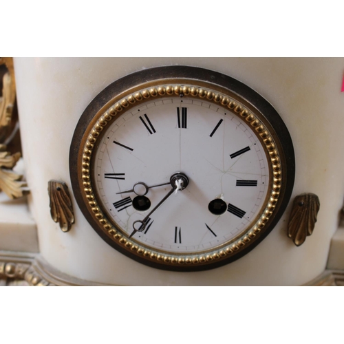 178 - 19thC French Alabaster mantel clock with gilt ormolu surmounted figure over Roman numeral dial (with... 