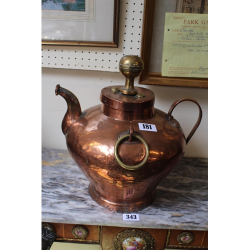 181 - Large Turkish Copper Hot Water kettle with brass hoop handles and knop. 34cm in Height