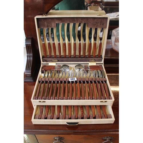 182 - Cased Sheffield Stainless Steel canteen of cutlery with Teak handles