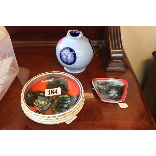 184 - Moorcroft Spherical blue ground vase and 2 Delphis pottery dishes