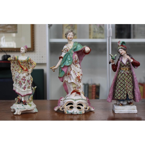 61 - 3 European Hard Paste figures of a Classical figure of a woman with bird and 2 others. 27cm