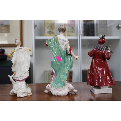 61 - 3 European Hard Paste figures of a Classical figure of a woman with bird and 2 others. 27cm