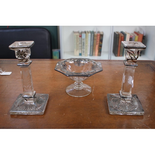 62 - 1950s Silver Overlay Centrepiece bowl on stem and a Pair of Matching candlesticks