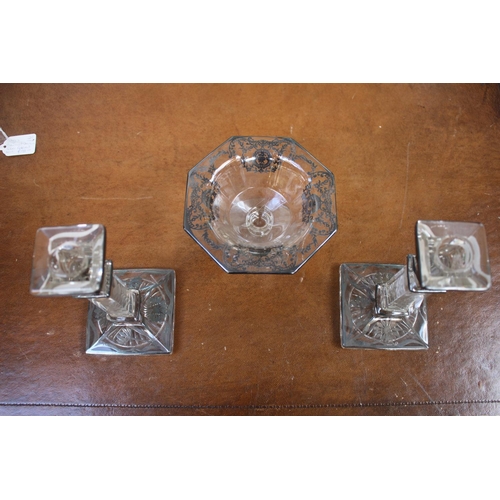 62 - 1950s Silver Overlay Centrepiece bowl on stem and a Pair of Matching candlesticks