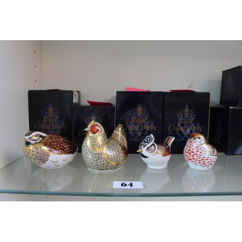 64 - Collection of 4 Royal Crown Derby paperweights to include Farmyard Hen, Crested Tit, Red Poll and Qu... 