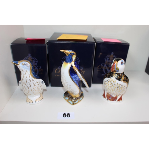 66 - Collection of 3 Royal Crown Derby paperweights to include Emperor Penguin, Fairy Penguin and a Puffi... 