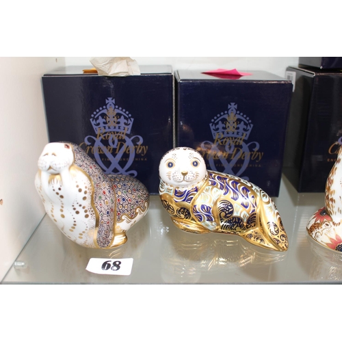 68 - Royal Crown Derby paperweights Walrus and Harbour Seal with Gold stoppers and boxes