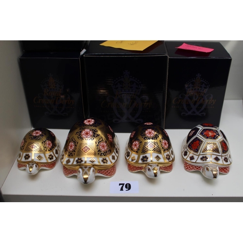 79 - Collection of 4 Royal Crown Derby paperweights to include 3 Tortoises and a Turtle with Gold stopper... 