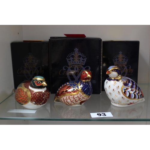 93 - Collection of 3 Royal Crown Derby paperweights to include 2 Quails and a Partridge with Gold stopper... 