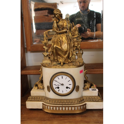 100 - 19thC French Alabaster mantel clock with gilt ormolu surmounted figure over Roman numeral dial (with... 