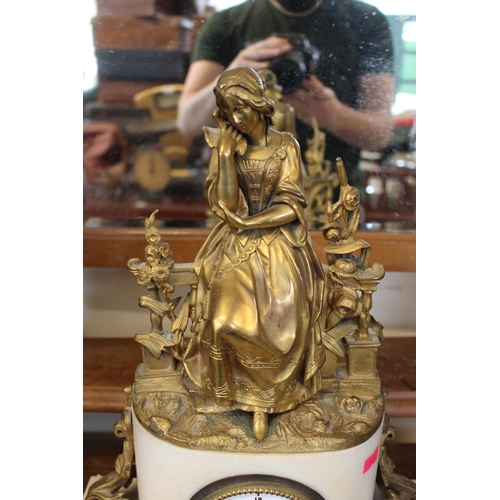 100 - 19thC French Alabaster mantel clock with gilt ormolu surmounted figure over Roman numeral dial (with... 