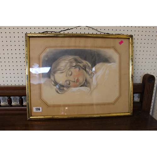 116 - Framed Pastel of a Young girl sleeping. 35 x 24cm