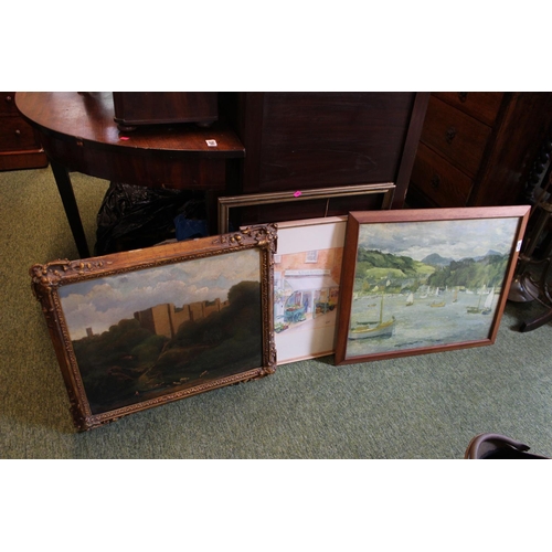 122 - 19thC Framed Oil on board in gilt gesso frame and 2 other pictures with gilt frame