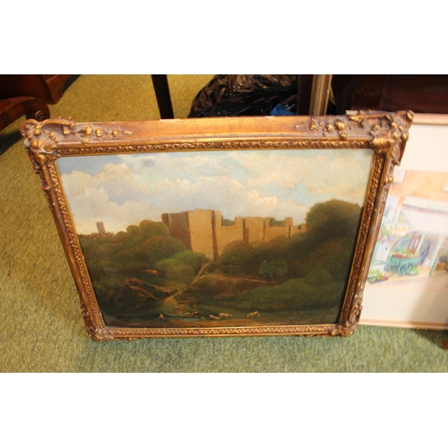 122 - 19thC Framed Oil on board in gilt gesso frame and 2 other pictures with gilt frame