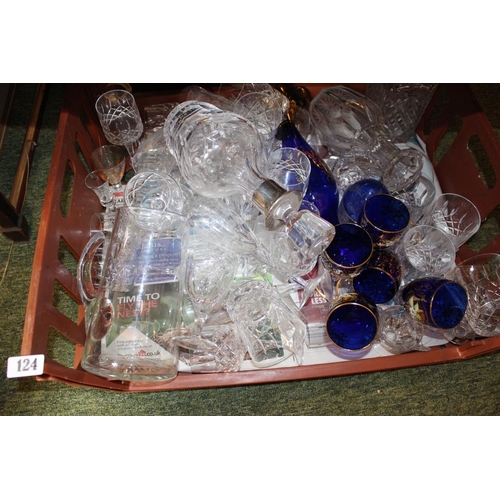 123 - Tray of assorted 19thC and later glassware inc Decanters, Blue glass etc