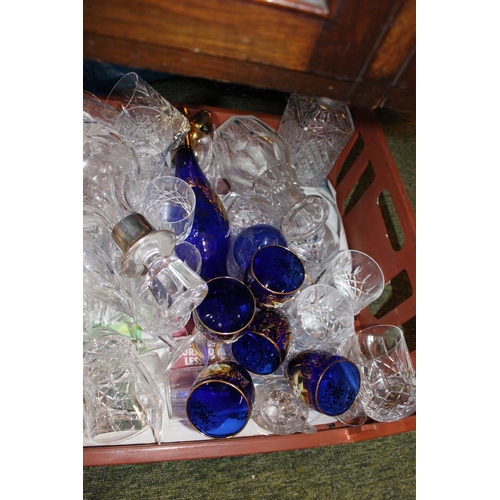 123 - Tray of assorted 19thC and later glassware inc Decanters, Blue glass etc