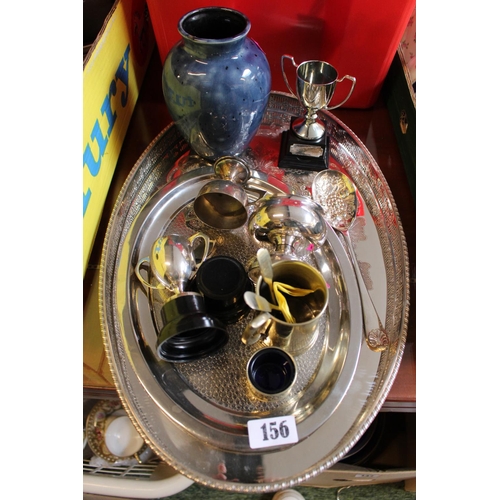 156 - Oval Silver plated tray with assorted Silver plated table ware and a Studio Pottery Vase