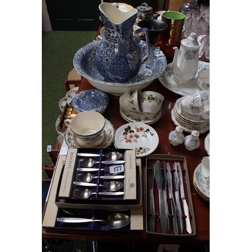 177 - Blue & White Wash Jug and Soap bowl and a collection of Elkington Boston Flatware