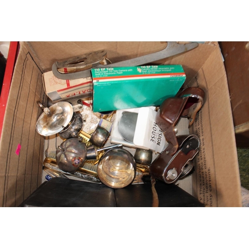 181 - 2 Boxes of assorted Ceramics and Metal ware inc. Kodak camera, Wash Bowl etc